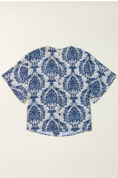 Blue Vintage Flower Tree Quarter Sleeve V Neck Blouse