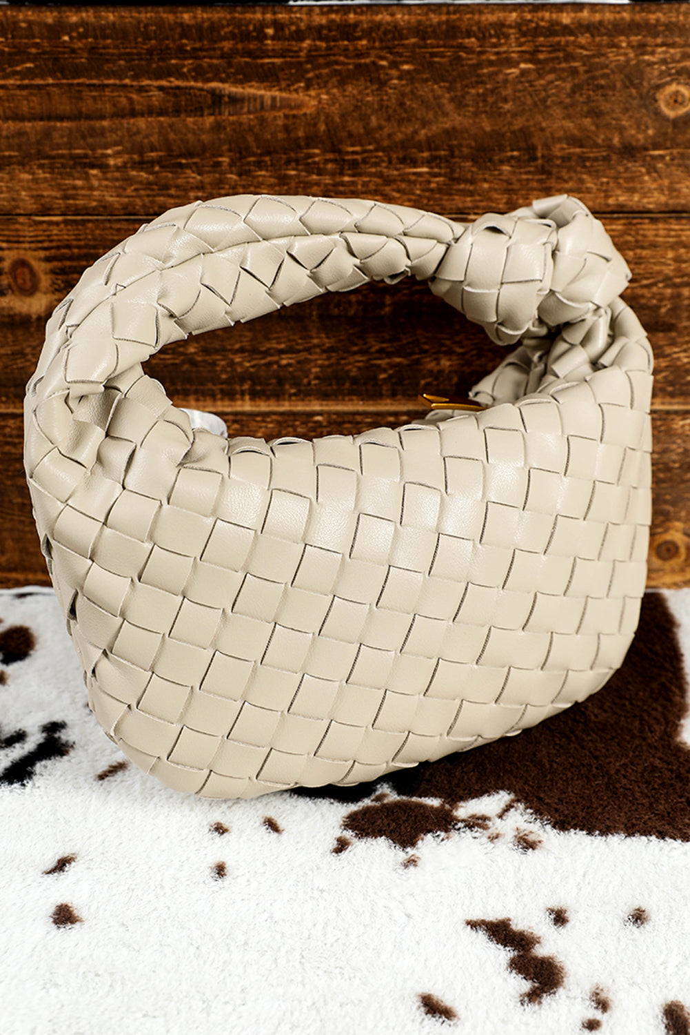 Beige Braided PU Leather Zipper Handbag