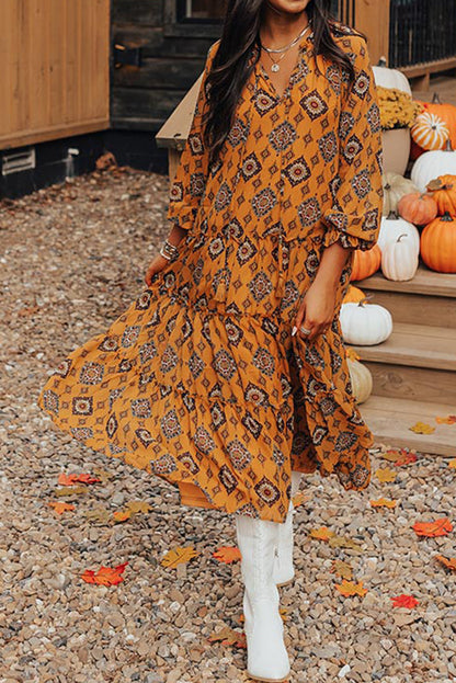 Orange Western Geometric Print Tiered Frilled Loose Fit Midi Dress