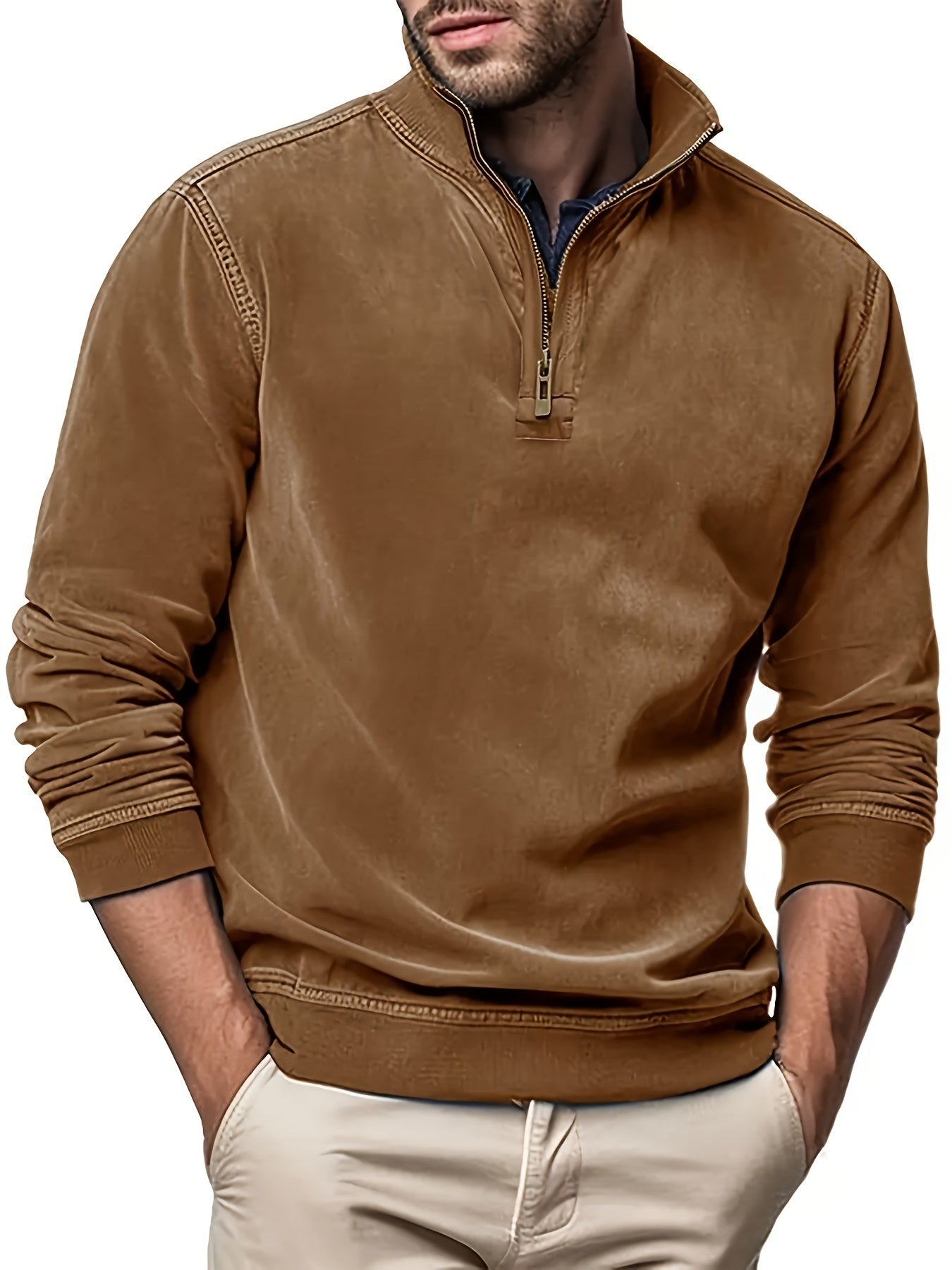 Men's Faux Leather Stand Collar Zipper Sweatshirt - Solid Color Long Sleeve Casual Fall/Winter Pullover