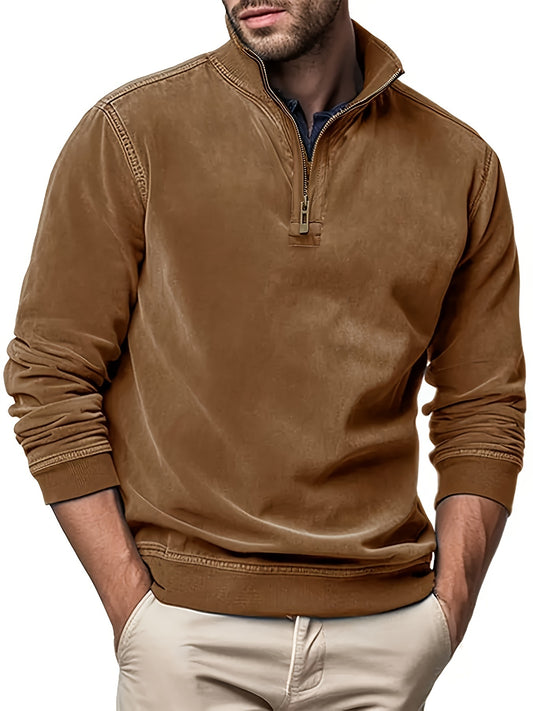 Men's Faux Leather Stand Collar Zipper Sweatshirt - Solid Color Long Sleeve Casual Fall/Winter Pullover