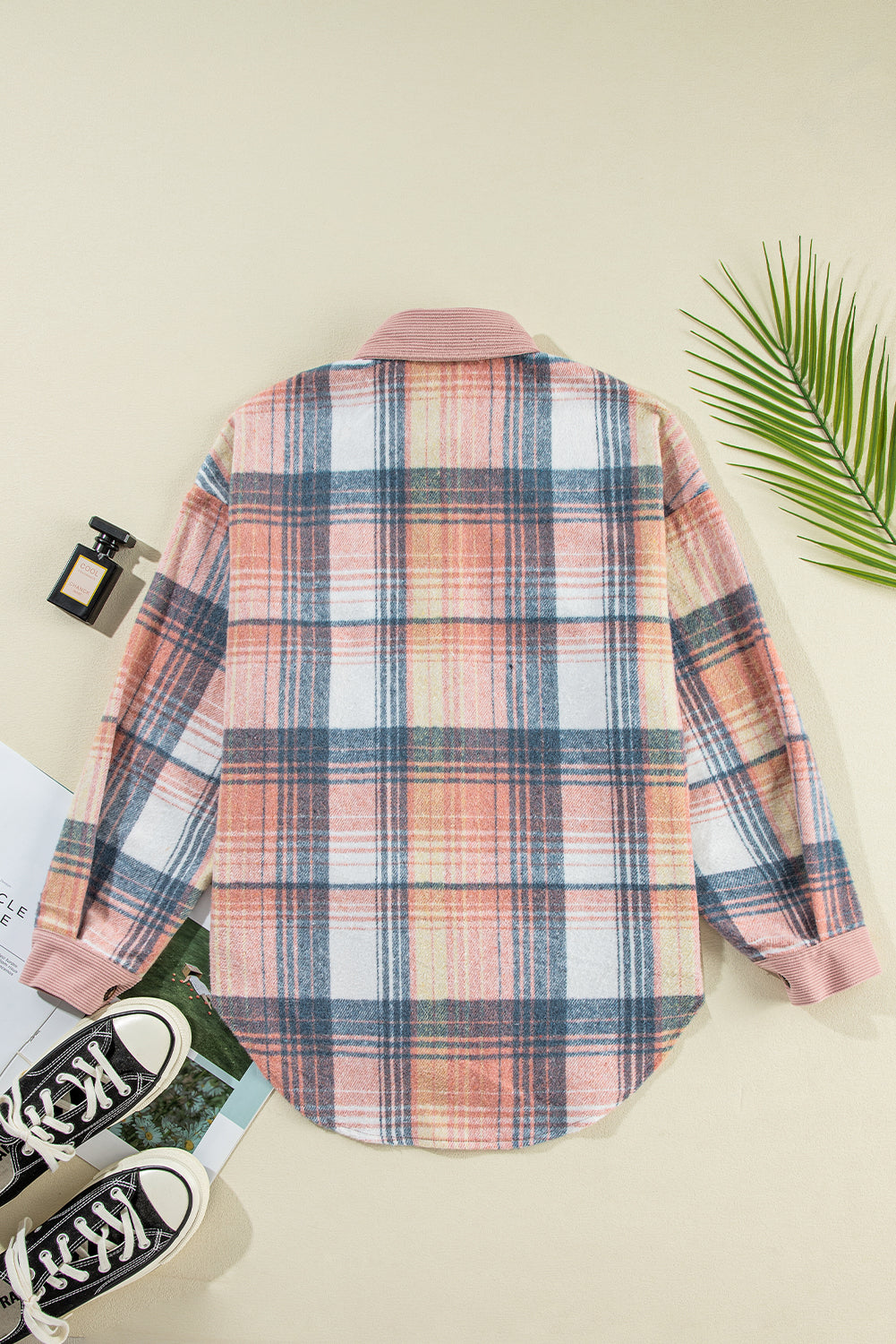 Cinnamon Plaid Corduroy Patchwork Chest Pocket Shacket