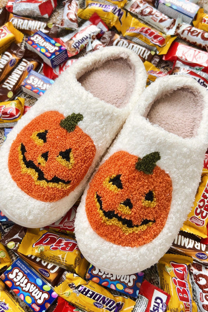 Black Halloween Pumpkin Print Plush Slippers