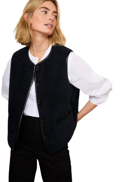 Black Leather Contrast Side Pockets Buttoned Fleece Vest