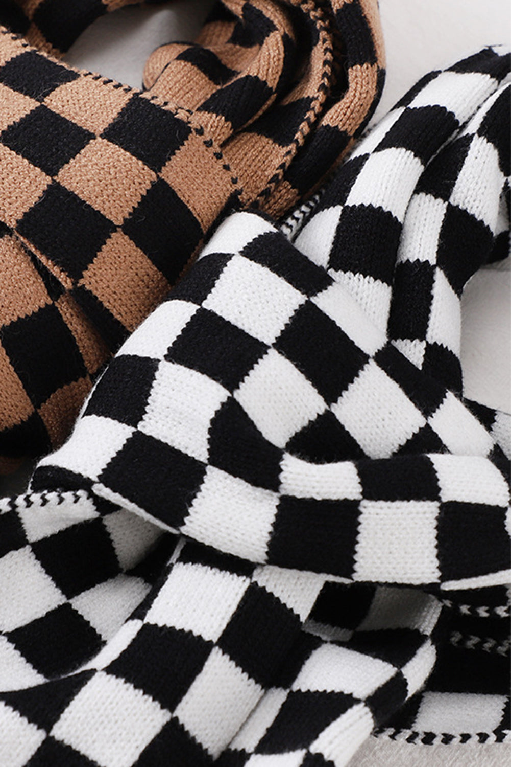 Black Checkered Knitted Soft Warm Large Scarf