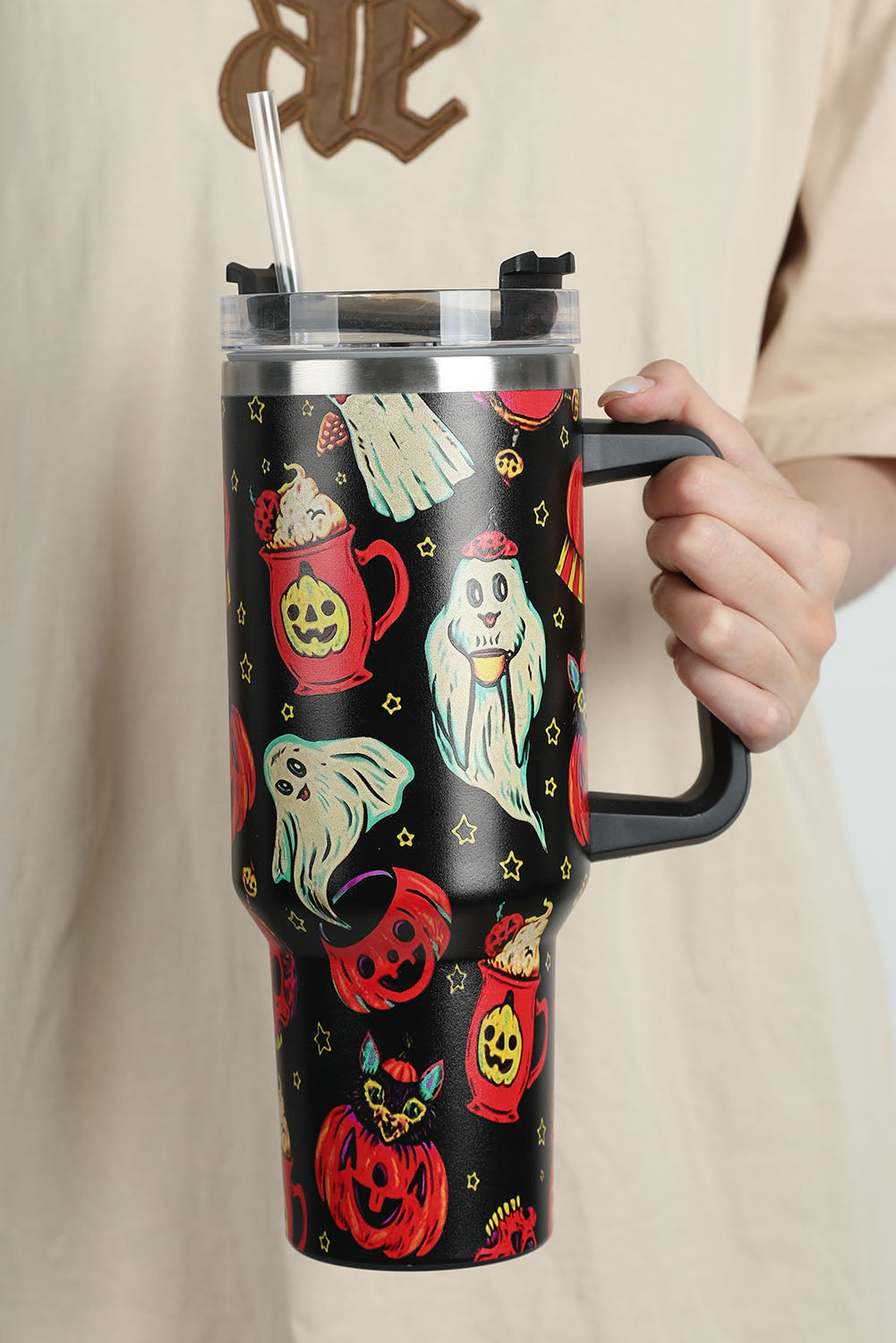 Black Halloween Ghost Pumpkin Print Large Tumbler 40oz