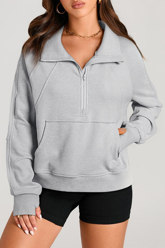 Black Quarter Zip Stand Neck Kangaroo Pocket Sweatshirt