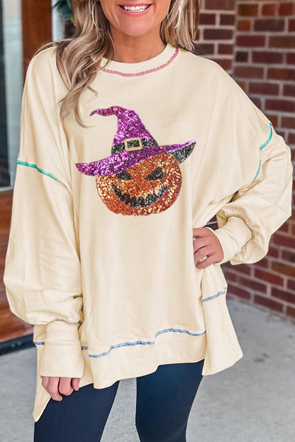 Black Glittering Pumpkin Wizard Graphic Exposed Seam Side Split Halloween Sweatshirt