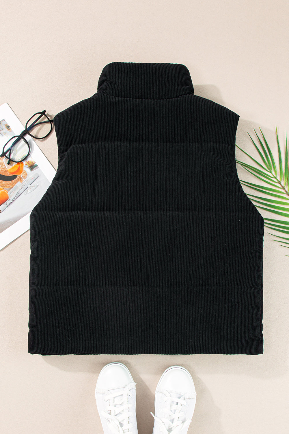 Coffee Corduroy Stand Neck Zipped Puffer Vest