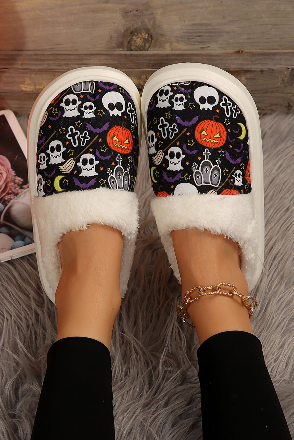 Black Halloween Pumpkin Ghost Print Plush Home Slippers