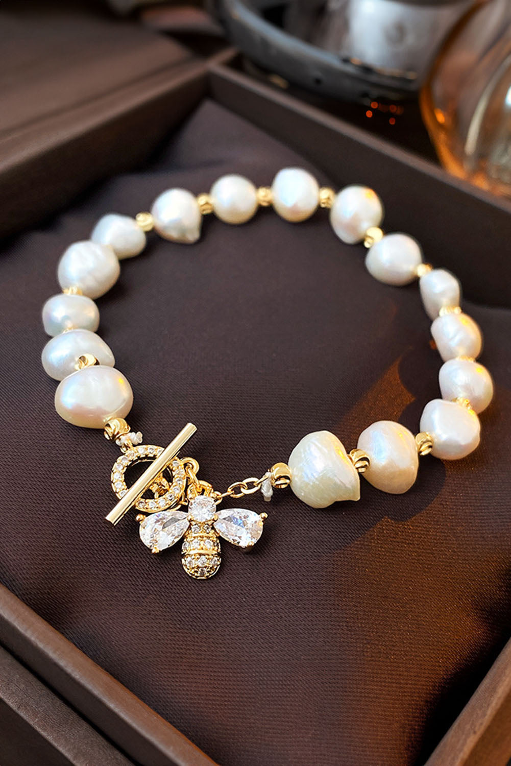 White Vintage Bee Rhinestone Baroque Pearl Bracelet