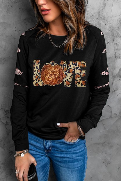 Black LOVE Sequin Pumpkin Leopard Print Cut Out Sleeve Sweatshirt