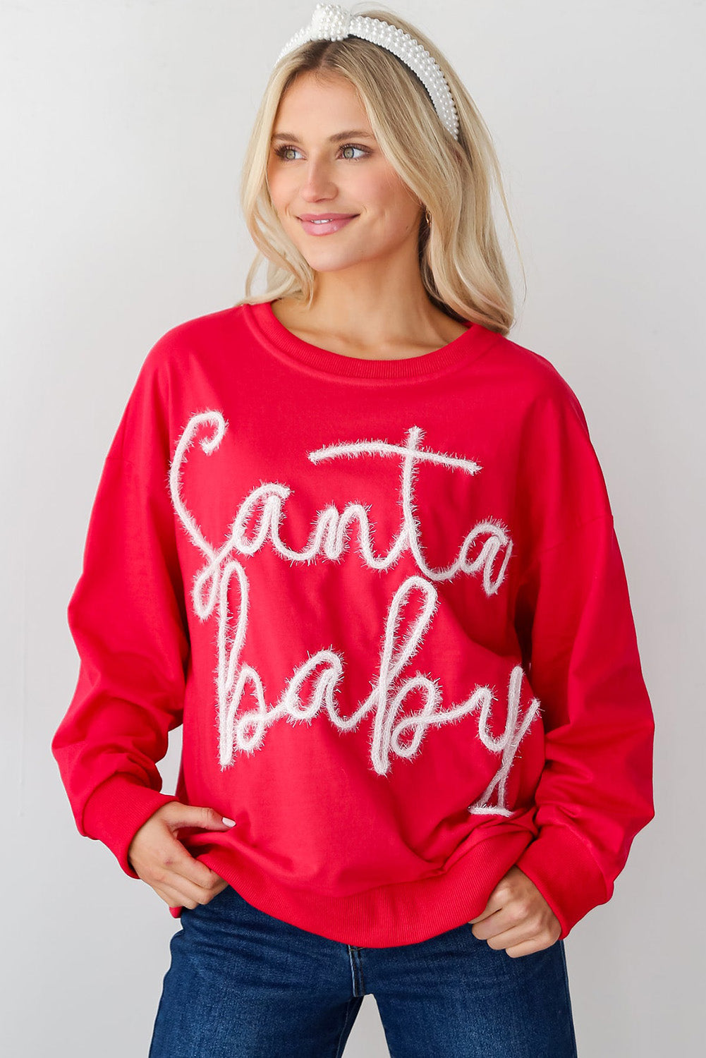 Fiery Red Christmas Santa Baby Tinsel Graphic Sweatshirt