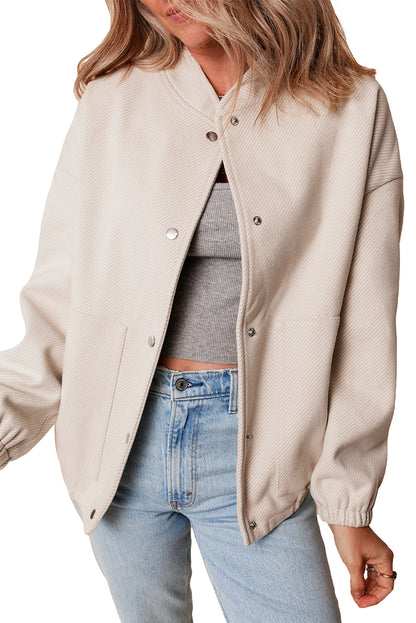 Beige Baseball Collar Snap Button Pocketed Bomber Jacket