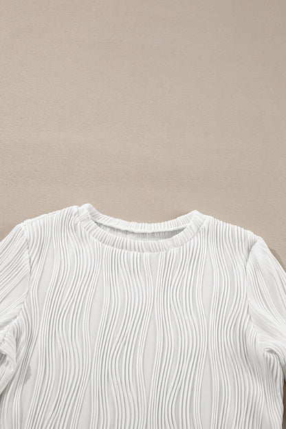 White Textured Wavy Round Neck Long Sleeve Top