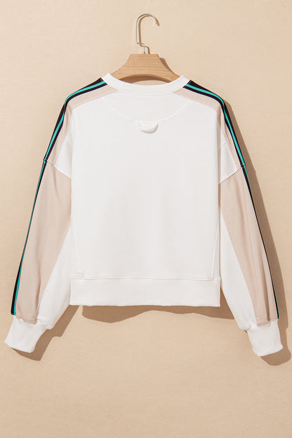 White Striped Color Block Exposed Seam Loose Active Sweatshirt