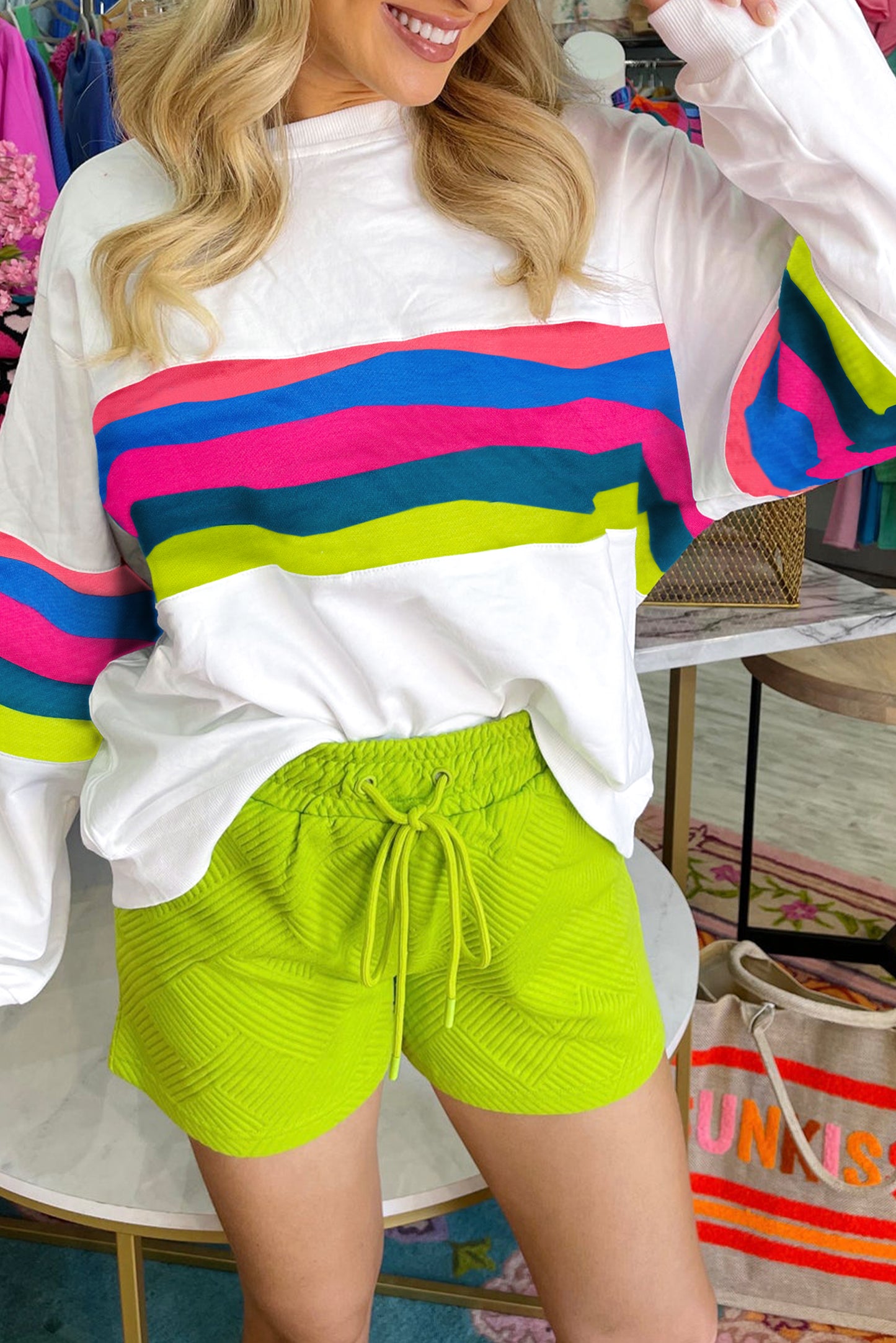 Green Colorful Striped Accent Long Sleeve T Shirt