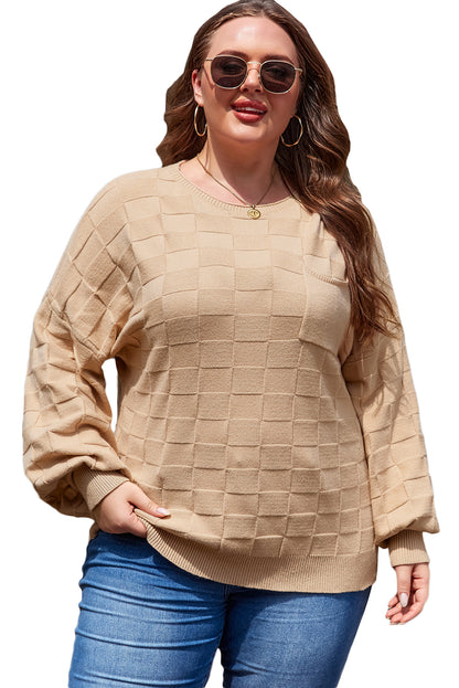 Light French Beige Solid Checkered Textured Knit Plus Size Sweater