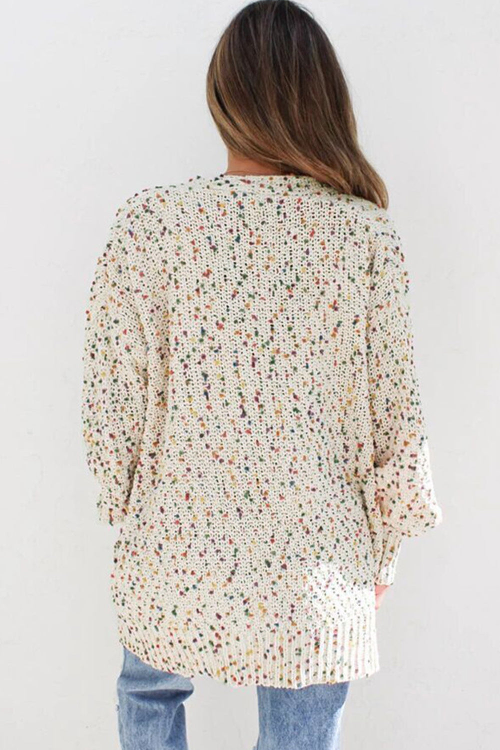 White Confetti Rib Knit Long Sleeve Cardigan