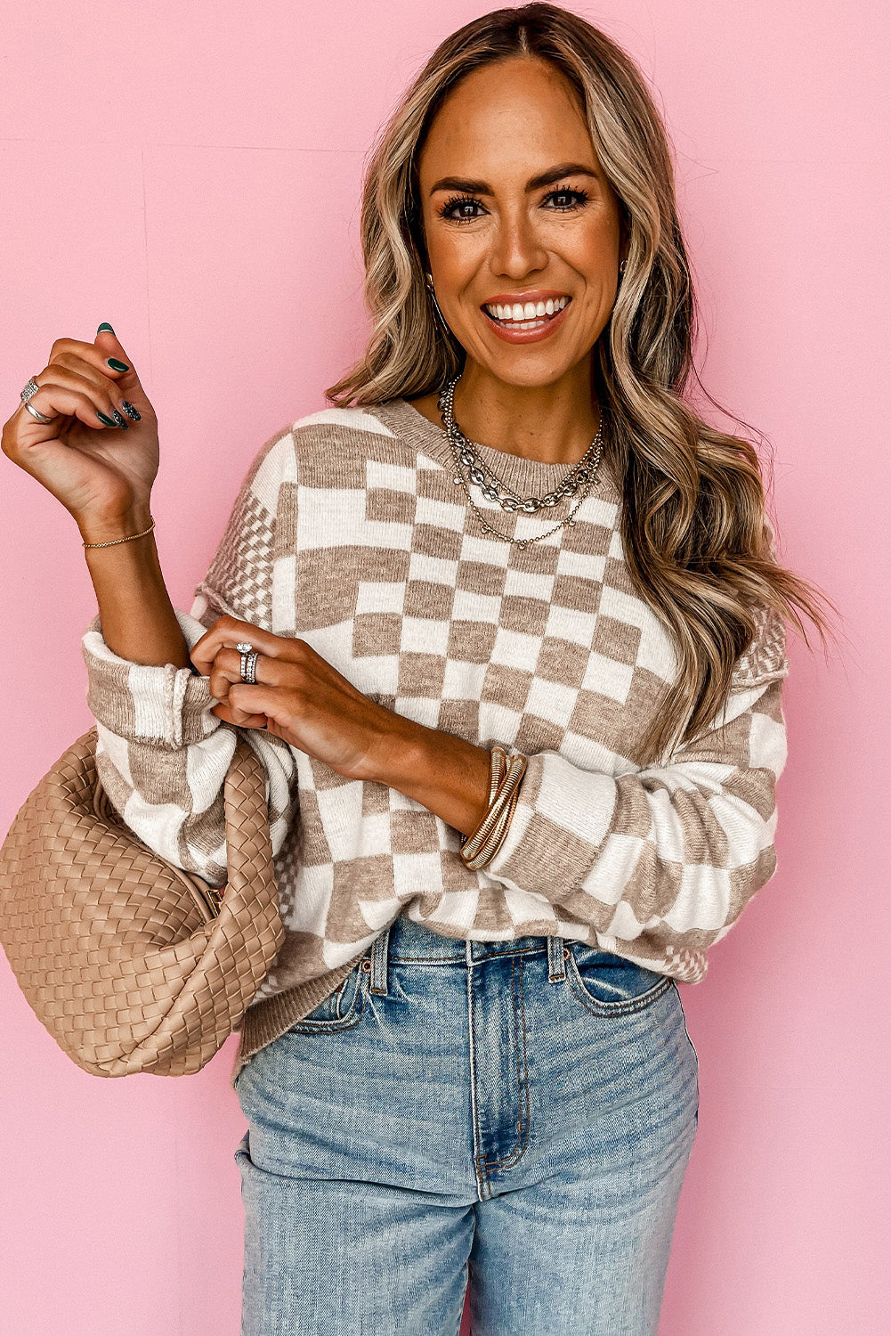 Gray Checkered Print Drop Shoulder Round Neck Sweater