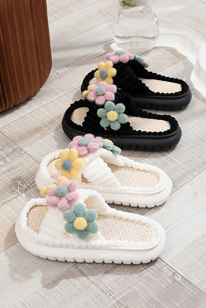 White Fuzzy Flower Cross Strap Open Toe Slippers