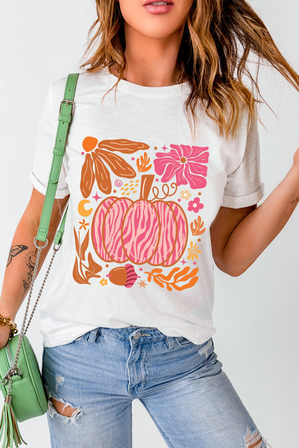 White Floral Pumpkin Printed Crewneck Thanksgiving T Shirt