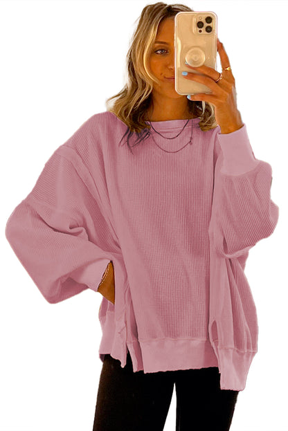 Pink Waffle Knit Bishop Sleeve Split Oversized Sweatshirt