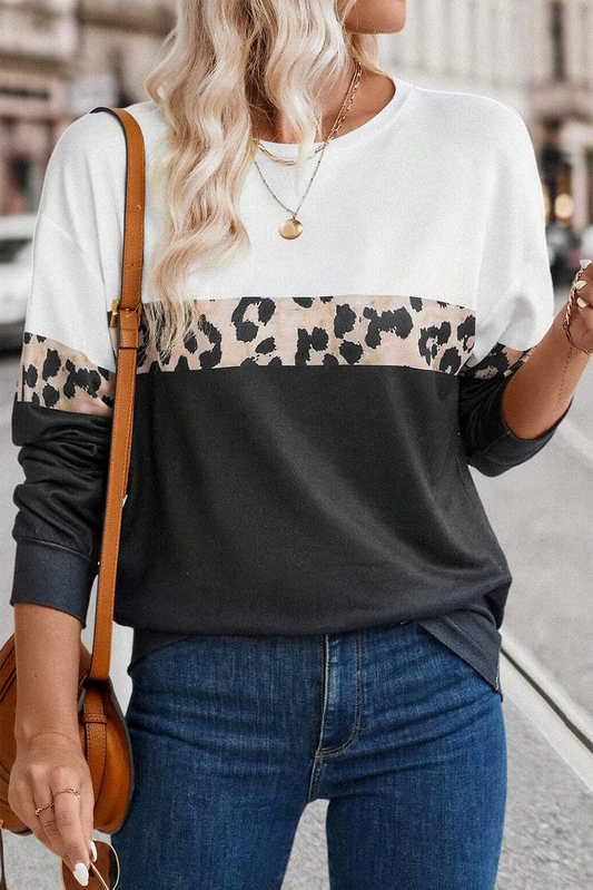 Black Leopard Colorblock Round Neck Long Sleeve Top