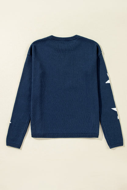 Sail Blue Star Pattern Drop Shoulder Knitted Sweater