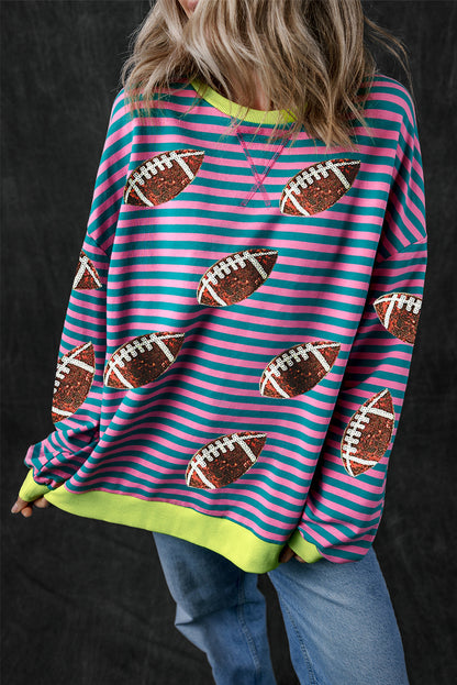 Green Stripe Sequin Rugby Football Graphic Colorblock Edge Game Day Sweatshirt