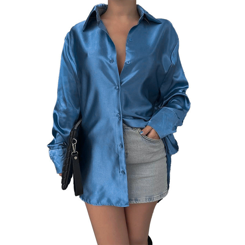 Graceful and Fashionable Slim-Fit Glossy Satin Shirt Top