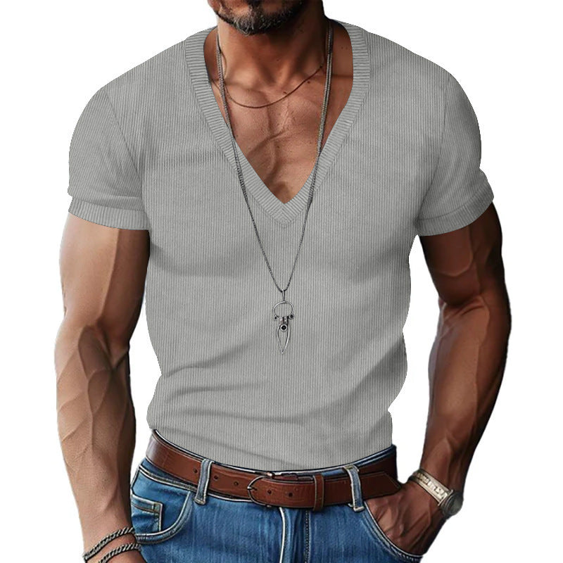 V-neck Solid Color Slim Fit Casual T-shirt Men's Top