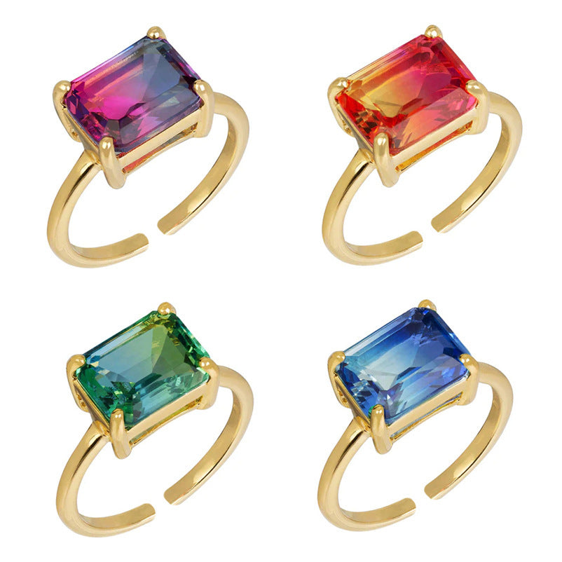 Retro Original Design Gradient Color Square Large Zircon Ring Electroplated 18K Gold Open Copper Ring