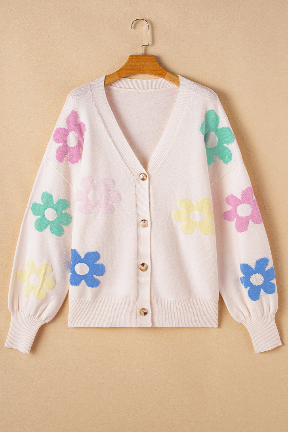 Beige Floral Pattern V Neck Buttoned Plus Size Cardigan