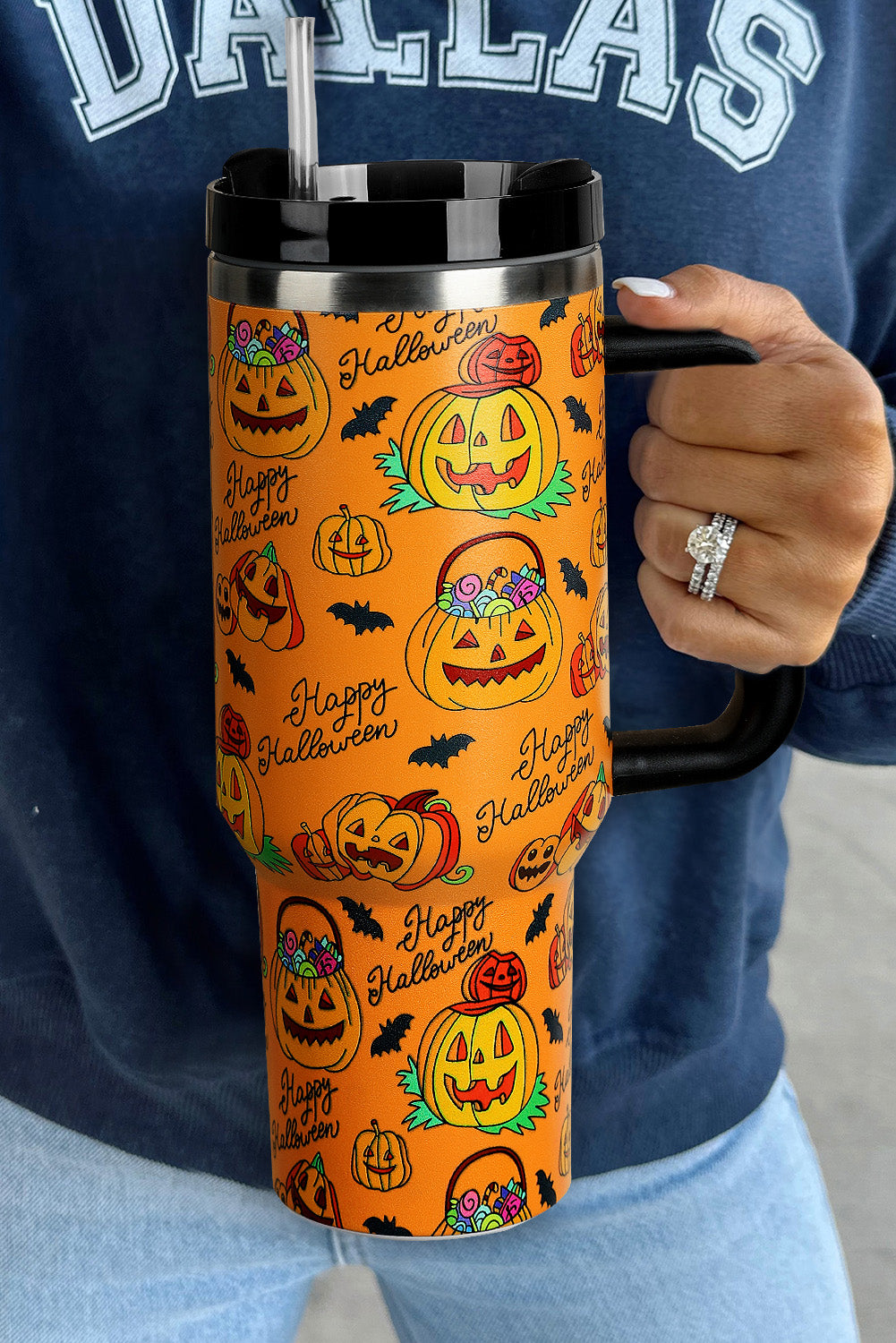 Orange Halloween Pumpkin Print Handle Large Tumbler 40oz