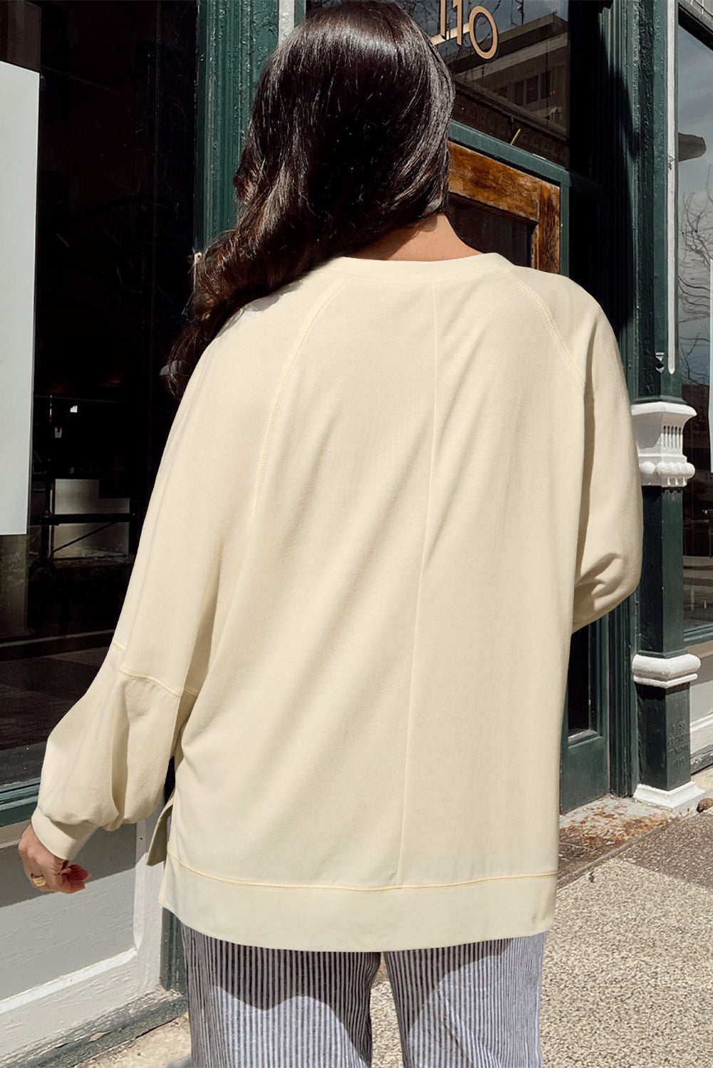 Apricot Exposed Stitching Notched Neckline Long Sleeve Top