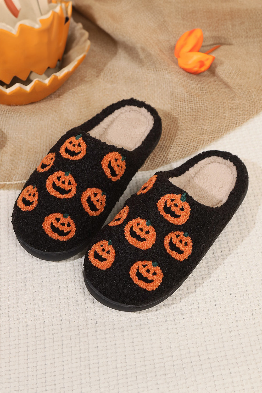 Black Halloween Pumpkin Plush Home Slippers