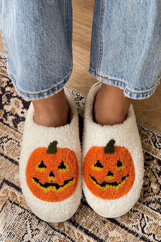 White Halloween Pumpkin Print Plush Slippers (Runs Small, Size Up)