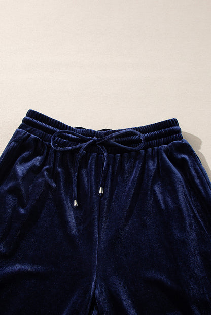 Navy Blue Solid Velvet Ruffled Two Piece Pants Set