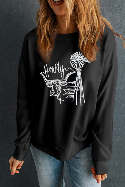 Black Embroidered Howdy Cow Western Graphic Crew Neck Sweatshirt