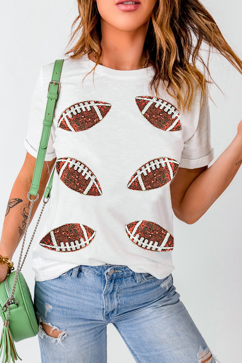 White Sequined Rugby Football Graphic Cotton T Shirt