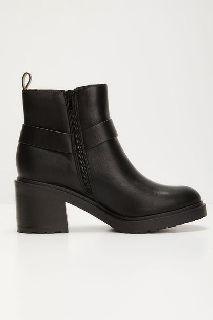 Black Pintuck Side Zipper Faux Leather Chunky Heel Ankle Boots