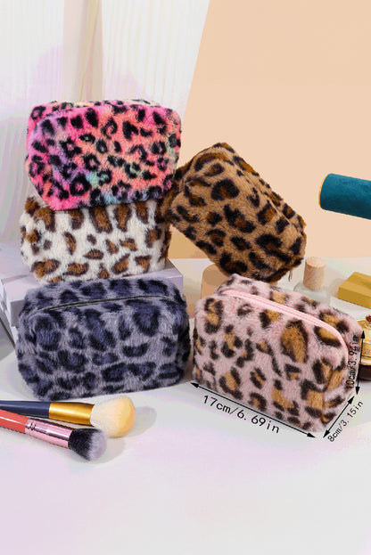 Peach Blossom Leopard Print Zipper Plush Cosmetic Bag