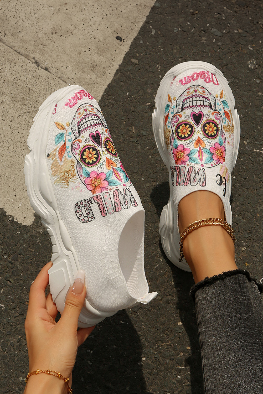 White Halloween Floral Skull Printed Slip-On Flat Shoes