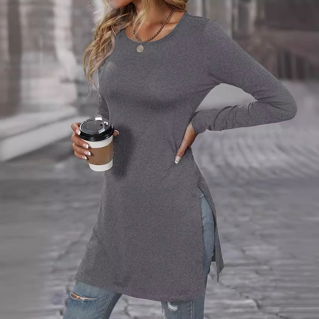 Women's Long Sleeve Slim Fit Slimming Slit Long T-shirt