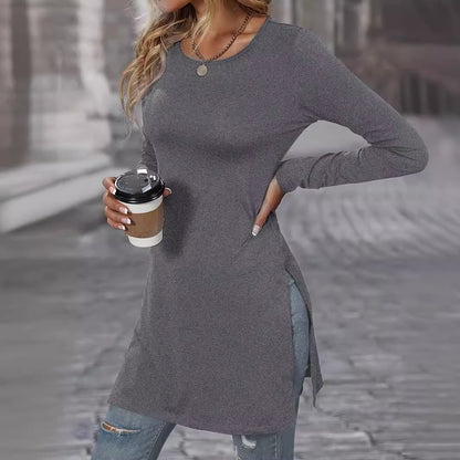 Women's Long Sleeve Slim Fit Slimming Slit Long T-shirt