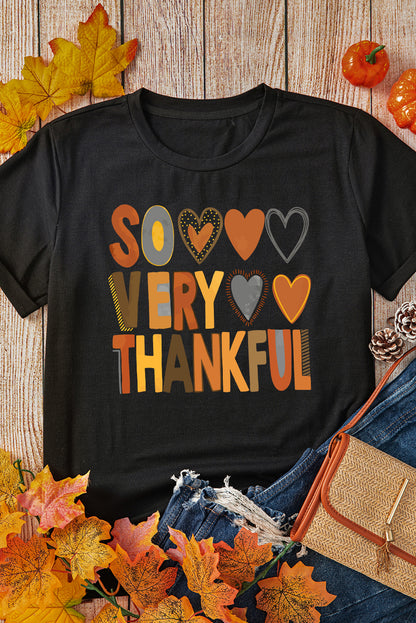 Black So Very Thankful Heart Printed Crewneck Thanksgiving T Shirt