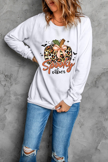 Beige Spooky Leopard Pumpkin Print Crew Neck Sweatshirt