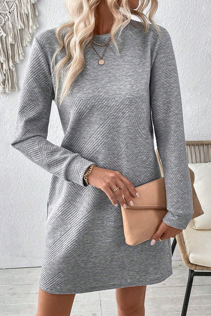 Apricot Solid Color Textured Long Sleeve Shift Dress