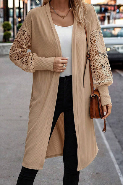 Parchment Lace Patchwork Ribbed Knit Open Front Duster Cardigan